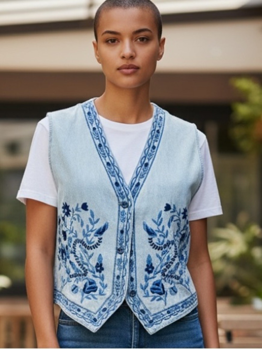 90s CLIFFORD & WILLS BOHO BLUE CHAMBRAY EMBROIDERED FLORAL COTTON VEST SZ L